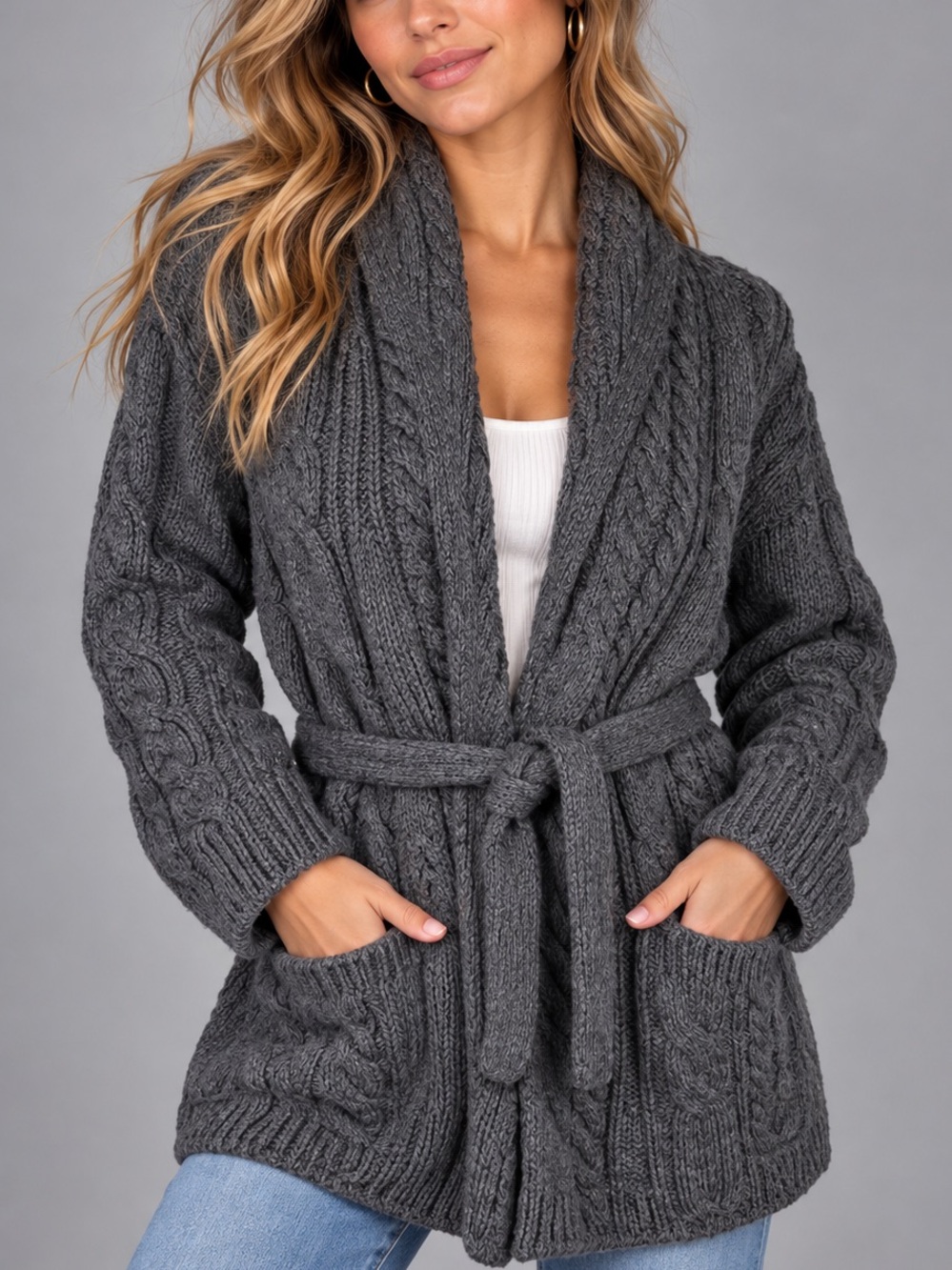 Carraig Donn Size L Gray Tie Front Cable Knit 100% Merino Wool Cardigan Sweater